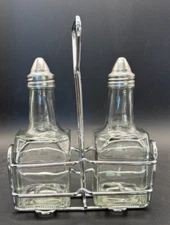Glass Oil and Vinegar Salad Cruet Set with Metal Caddy