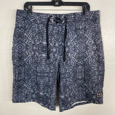Under Armour Board Shorts Mens 34 Gray Surfing Swimming Passage Print AOP