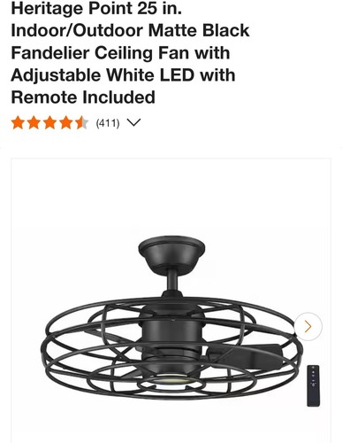 HOME DECORATORS 25 INCH HERITAGE POINT CEILING FAN IN MATTE BLACK + CHAMPAGNE...