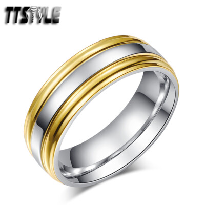 TTstyle Two-Tone Gold Stripe Stainless Steel Wedding Band Ring Mens & Womens
