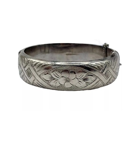 Bracciale donna argento 925 antico polsino inseguito motivo floreale stupendo - Foto 2 di 20