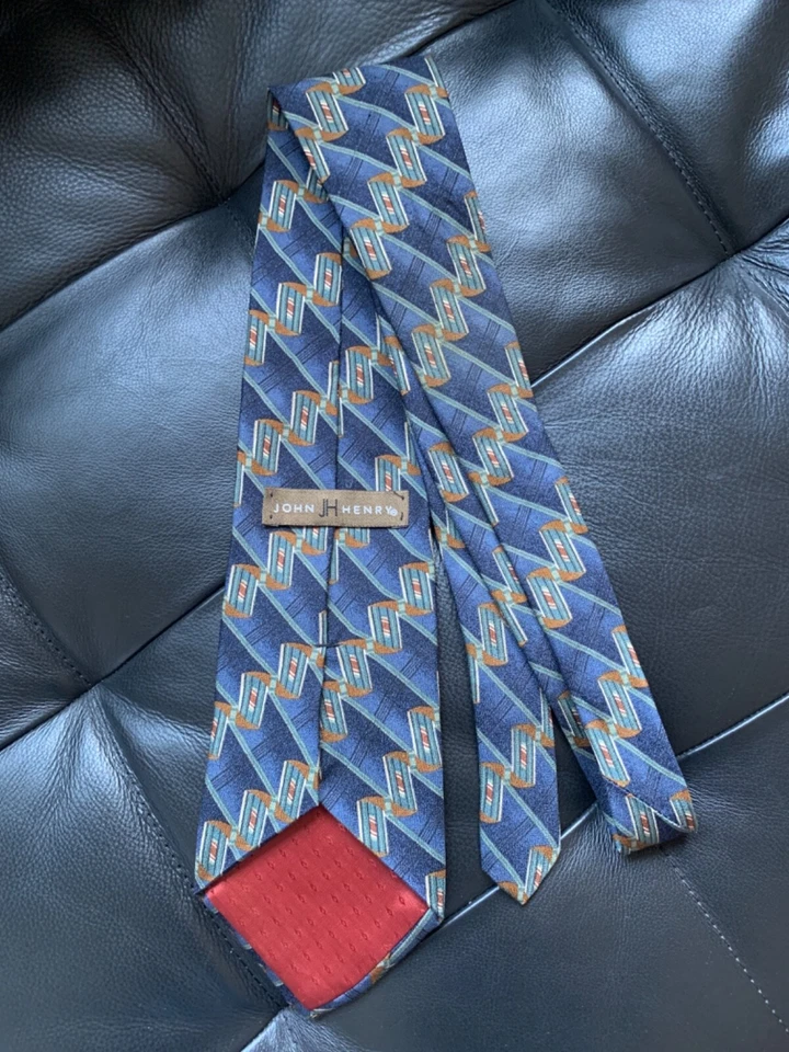 Corbata de seda vintage John Henry para hombre azul/verde geométrica Italia/EE. UU. 4"x58" Foto 4 de 4