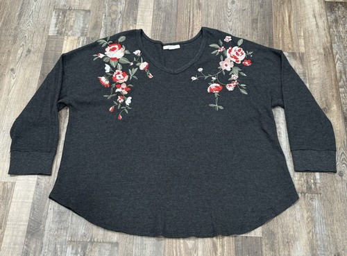 Woman Within Womens 2X Embroidered Top Gray Thermal Waffle Floral Chic Romantic