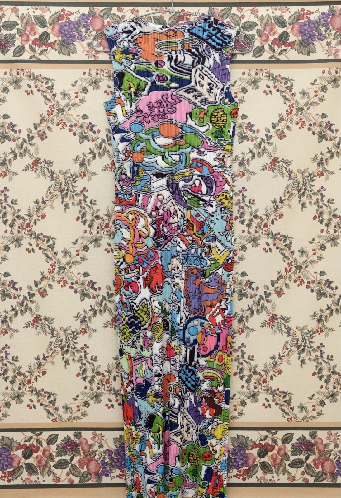 Issey Miyake Pleats Please Inspired Comic Doodling Pattern Colorful Long Dress