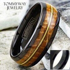 Engraved 8mm Black Tungsten Whiskey Barrel Wood w/ Guitar String Men's Band Ring