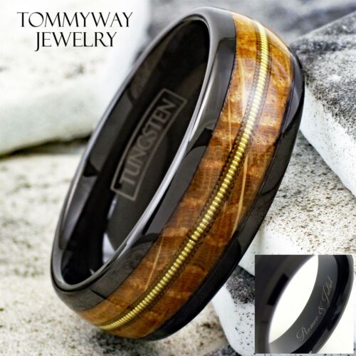 Engraved 8mm Black Tungsten Whiskey Barrel Wood w/ Guitar String Men's Band Ring - Picture 1 of 12