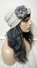 crochet womans handmade flower hat beanie aran cream gray puffs new USA made
