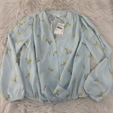 Elodie womens NWT Small blue floral blouse v neck elastic wrist