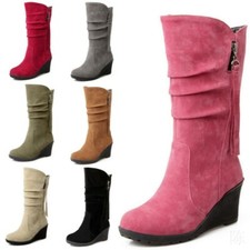 Women's Slouch Wedge Mid Heel Tassel Decor Pull On Mid Calf Boots Big Size 4-14