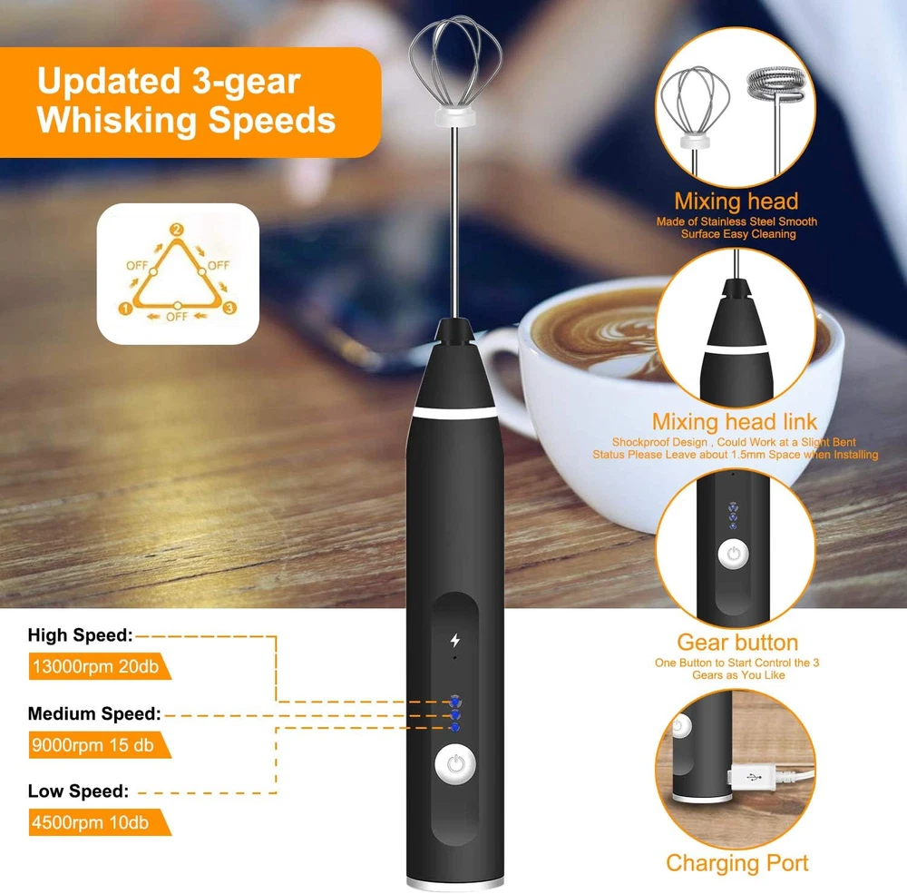 Milk Frother Handheld,  Rechargeable Whisk Drink Mixer for Coffee with Art Stenc