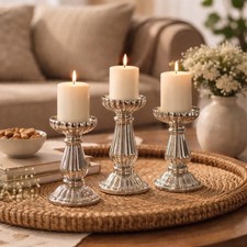 3pc Pillar Candle Holders Set Silver Home Decor Decoration Staggered Decorative