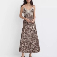 NEW  Loft Leopard Print Lace Trim Satin Midi Slip Dress Size 12 Regular