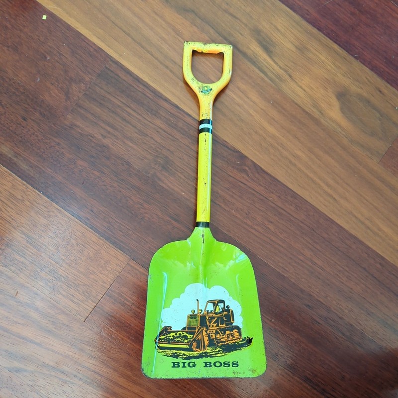 Vintage Ohio Art Tin Litho Green Big Boss Bulldozer Toy Sand Shovel