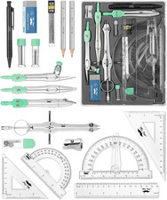 Geometry Set, 15 Pcs, Green, 6 Inch Swing Arm Protractor, Divider, Set Squares,