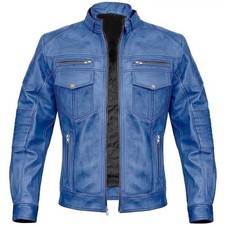 Mens Blue Cafe Racer Racer Racer Genuine Leather Biker Slim Fit Halloween Jacket
