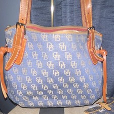 Dooney Bourke Blue/Tan Monogram Shoulder Bag Zip Pockets Red Lined Charm