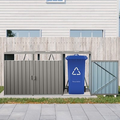Garbage Bin Shed Stores 3 Trash Cans Metal Outdoor Bin Shed for Garden Yard Lawn