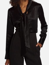 anOnlyChild Women's Black Savannah Long Sleeve Satin Tie-Neck Blouse Top Size XL