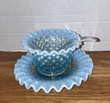 Vintage Fenton Opalescent Blue Hobnail Crimped Mayonnaise Bowl and Plate Spoon