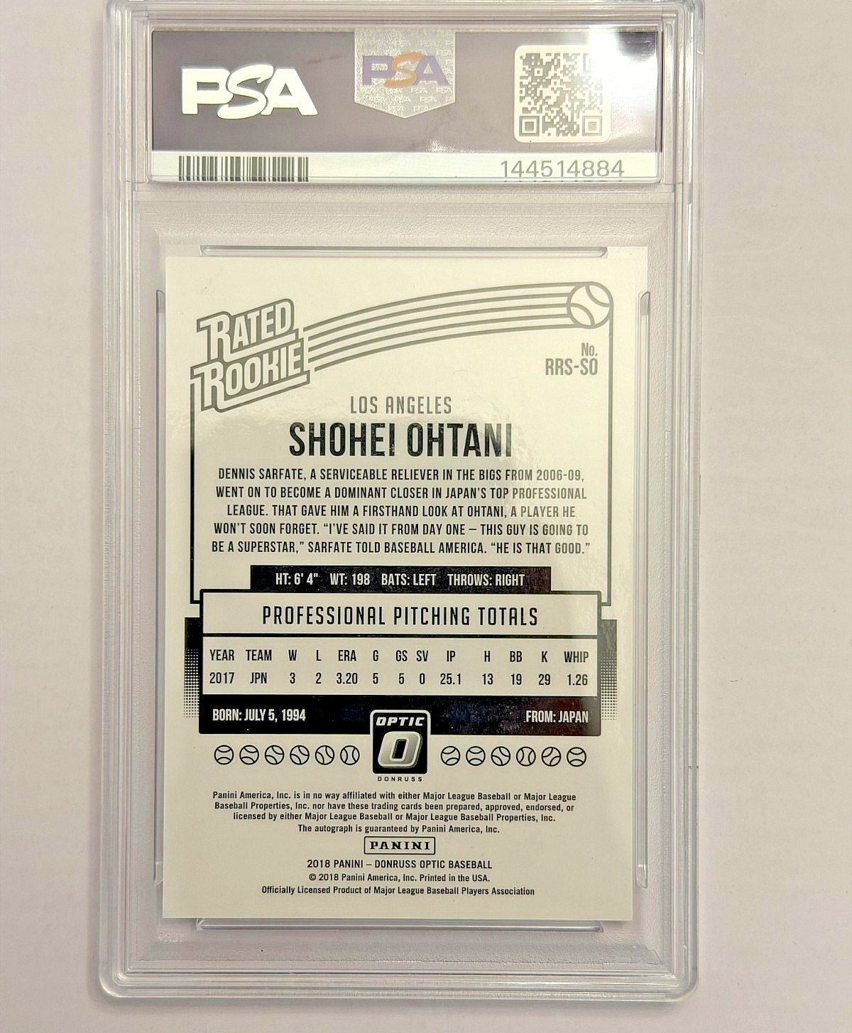 2018 Donruss Optic Shohei Ohtani Rated Rookie Auto PSA/DNA Auto 8 RC view 9