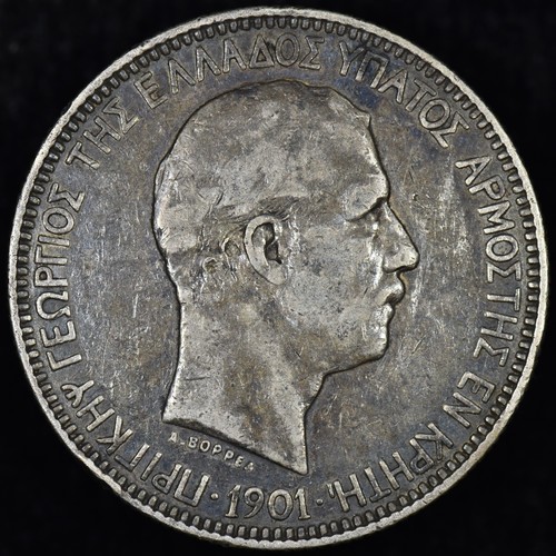 1901 GREECE 5 DRACHMAI ✪ VF VERY FINE ✪ SILVER COIN CRETE CRETAN STATE 38AH