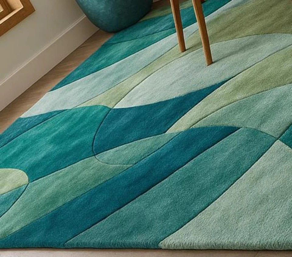 Alfombra moderna de lana verde azulado acolchada a mano 7x9 hecha a mano para sala de estar dormitorio Foto 4 de 4