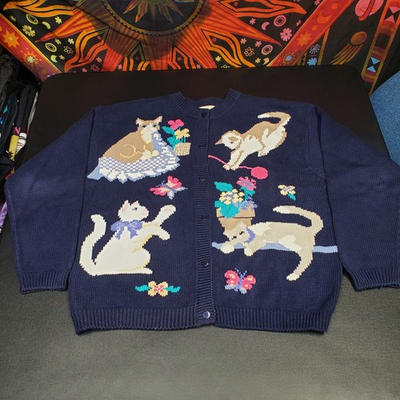 #ad Vintage Northern Reflections Navy Cat Kitten Knit Button Up Cardigan Sz L 21x23 $100.00