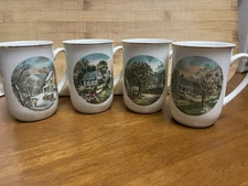 Set Of 4 Currier And Ives Four Seasons Mugs Coffee Cups Gold Rim. Japan Used 