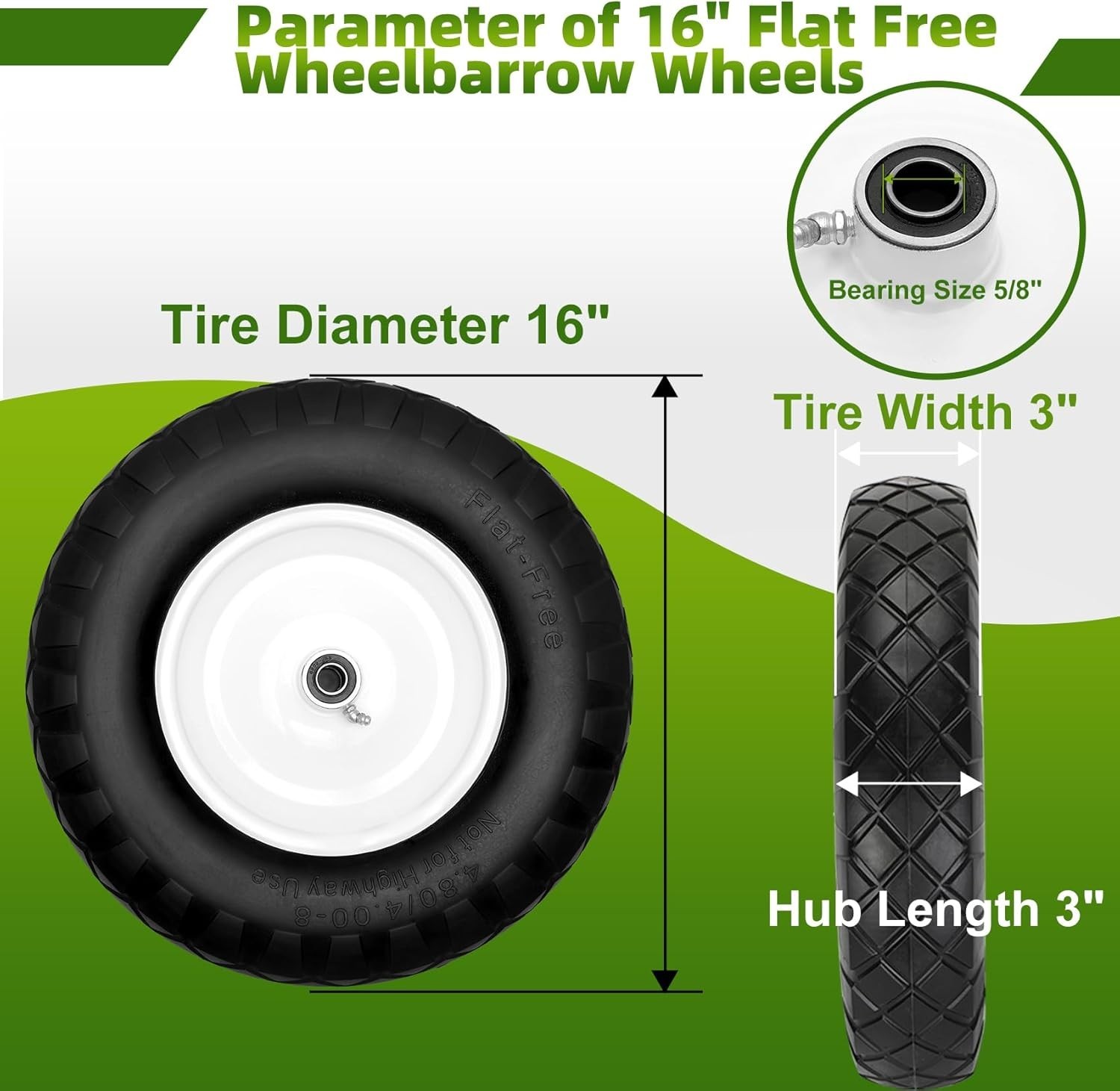 Upgraded 16" Flat Free Wheelbarrow Wheels and Tires, 4.80/4.00-8 Solid Wheelb...