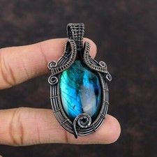 Gift For Her Neon Flash Labradorite Wire Wrapped Pendant Copper Jewelry 2.56"