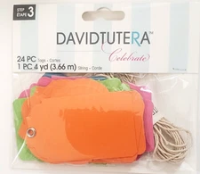 DAVID TUTERA  Bright Assorted Tags with String - 24 TAGS & 1 yd STRING