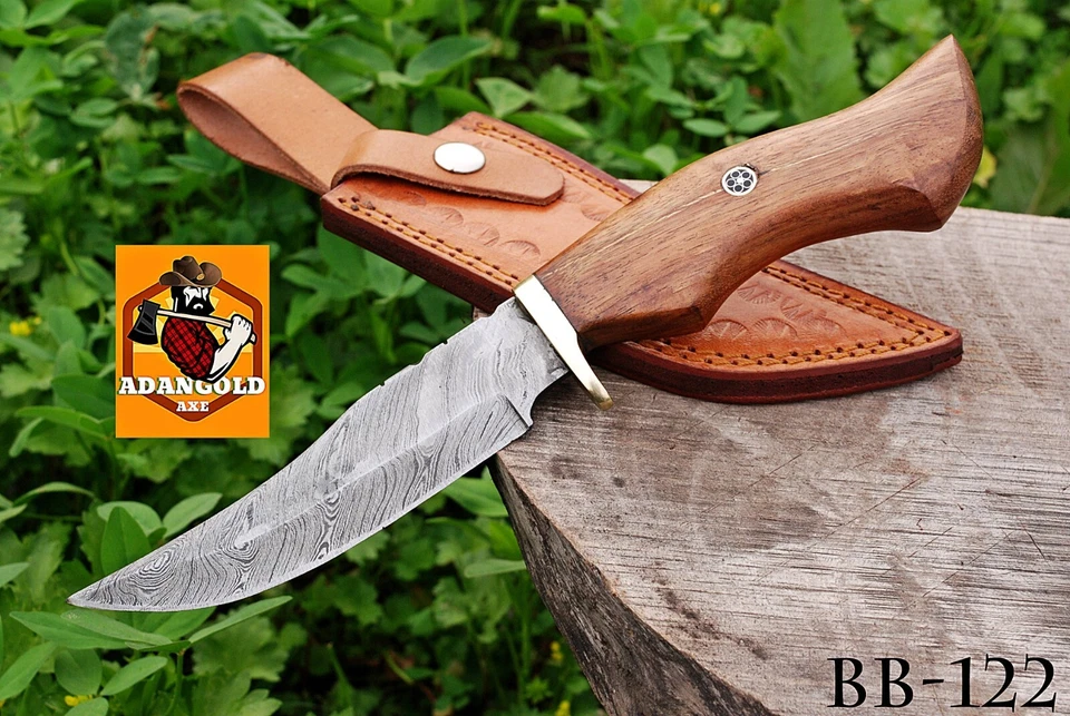 Cuchillo de caza de hoja fija de acero Damasco hecho a mano personalizado cuchillo con mango de madera-122 Foto 2 de 4