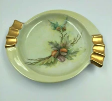 Vintage 1966 Ceramic Ashtray Pea Green Gold Acorns Leafs Maxine NIce Home Decor