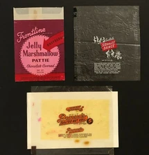 Group of 3 Candy Wrappers: Jelly Marshmallow Pattie, Nut Roll, Square Dance