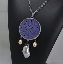 Pendentif en Argent 925 Avec Jade Violet Rondes Améthyste Et Perles Baroque Agdv
