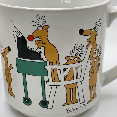 Vintage Boynton Rudolph Typing Typo Mugs Pair Reindeer Merry Christmas Office