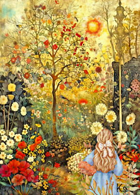 Gathering flowers collage girl in Garden Artist Card 2.5x3.5 ACEO whimsical art