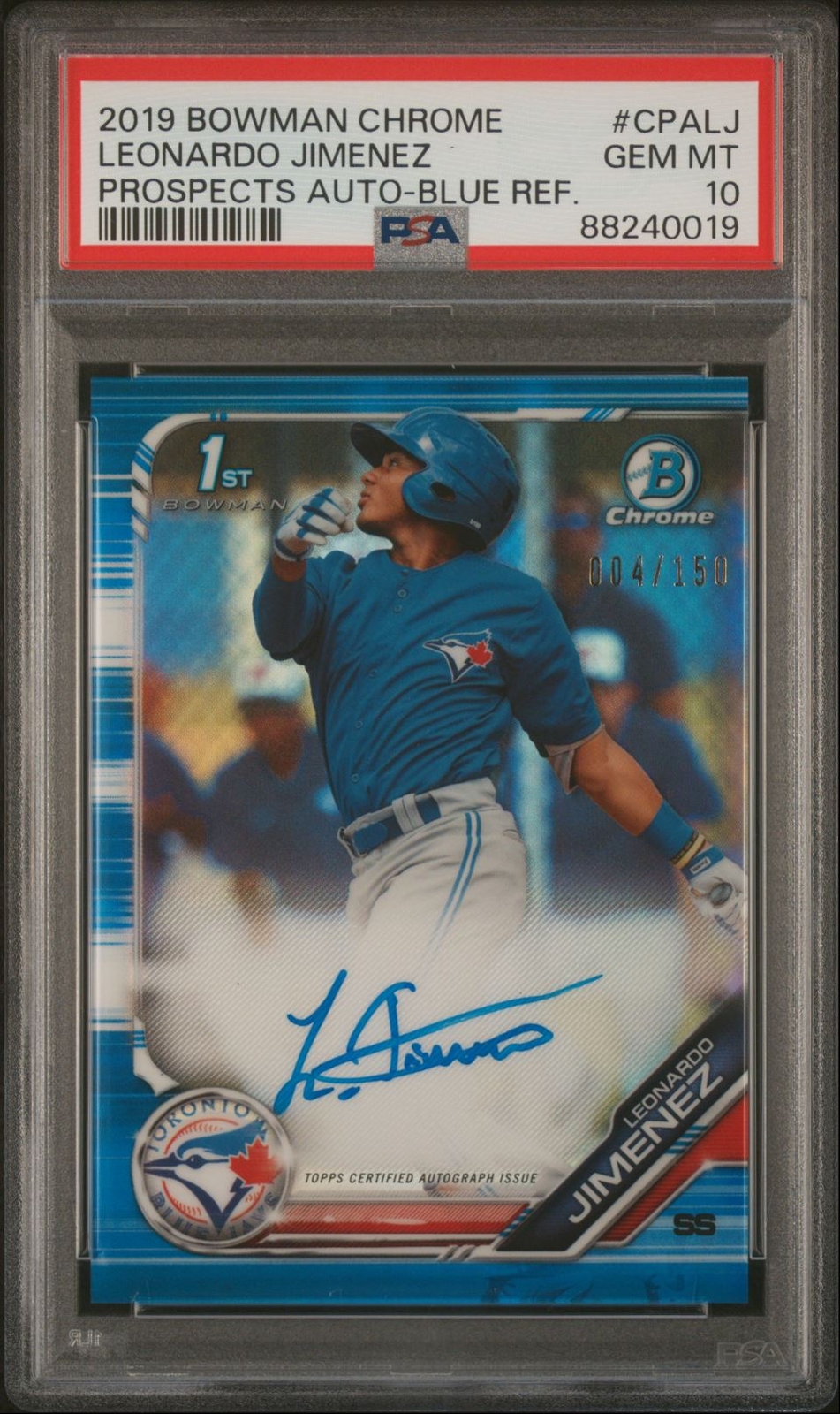 2019 Bowman Chrome Auto Blue Color Match #CPALJ Leonardo Jimenez /150 PSA 10