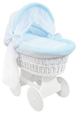 Culla/cesto Mosè con ruote in vimini bianchi + biancheria da letto completa blu/fossetta
