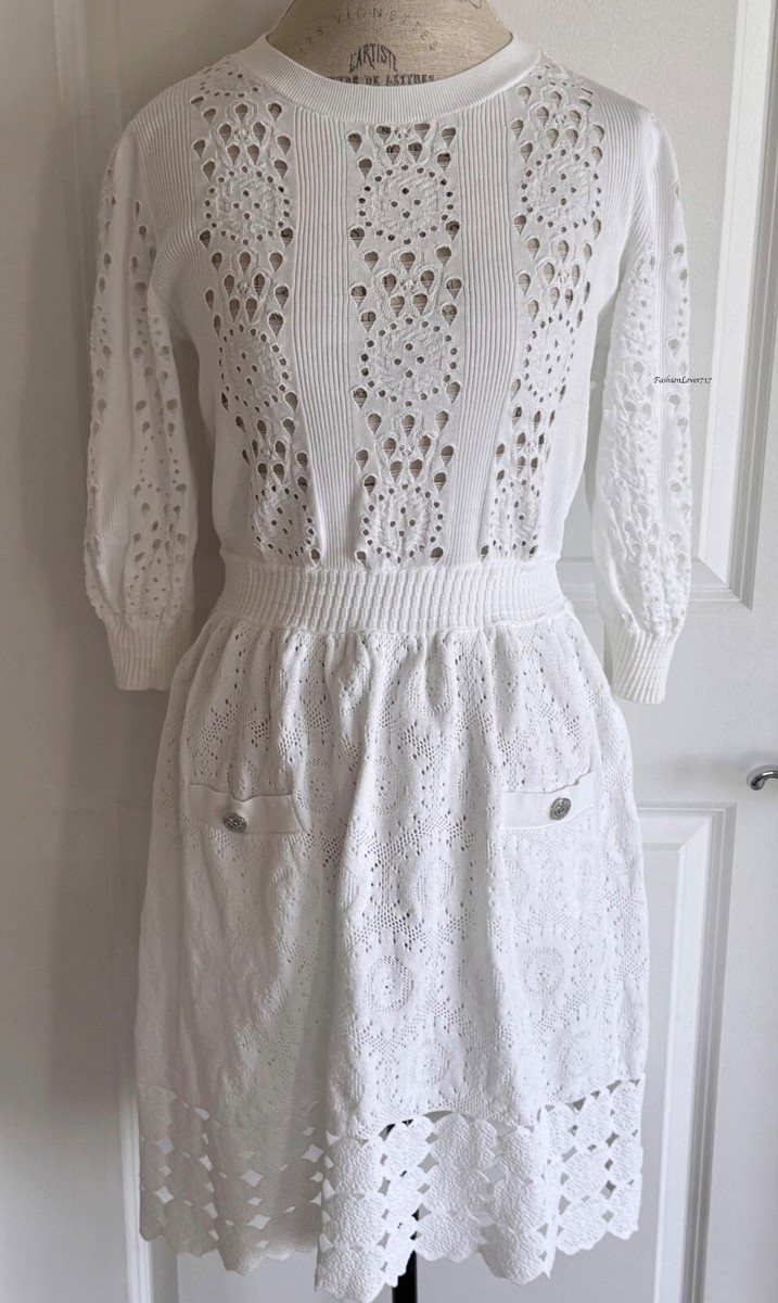$3950 CHANEL 20P WHITE CROCHET LACE KNIT CC LOGO DRESS 38 | eBay