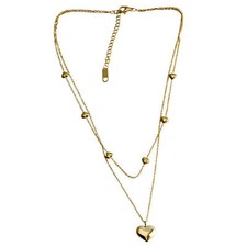 Woman Gold Plated Stainless Steel Heart Charm 2 Layers Chain Necklace