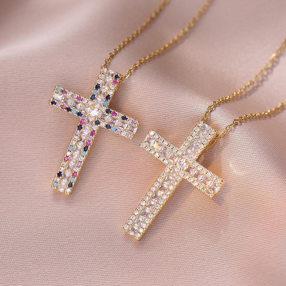 Shiny Luxury Zircon Cross Pendant Necklace for Women Men Stainless Steel Chain T