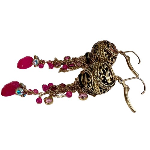 BNWT FUCHSIA PINK & GOLD VERMEIL FILIGREE DROP TASSEL EARRINGS - PIERCED EARS - Picture 7 of 11