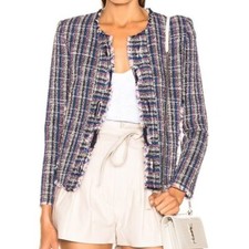 IRO Revolve Frannie Tweed Cropped Open Front Blazer Jacket Blue FR 32/ US 0