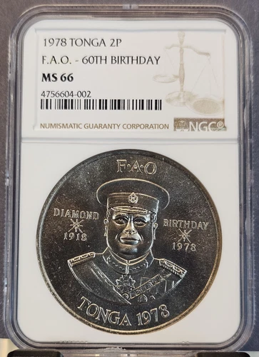 1978 TONGA 2 PA'ANGA 2P FAO 60TH BIRTHDAY NGC MS 66 BRIGHT GEM BU