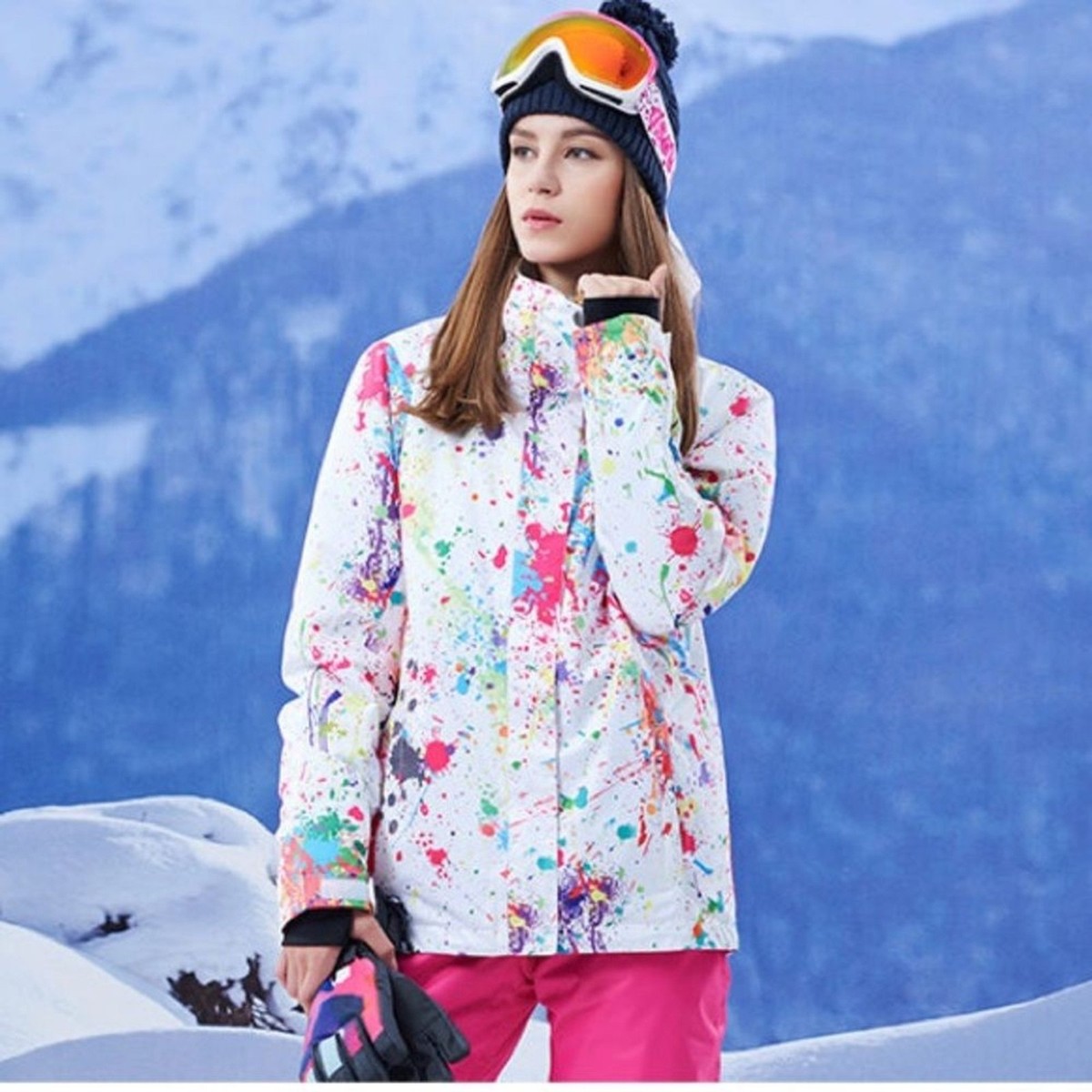 GSOU Snow 10K Waterproof Ski Snowboard Jacket White Paint Splatter