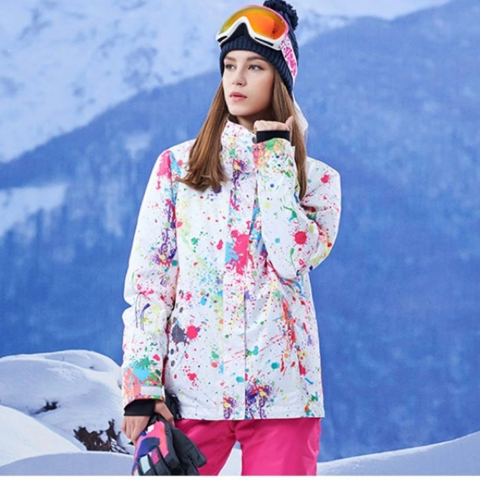 GSOU Snow 10K Waterproof Ski Snowboard Jacket White Paint Splatter Size Large
