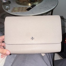 Tory Burch Beige Logo Crossbody Bag Magnetic Closure Inner Pockets Rectangle