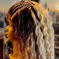 LACE BRAIDED WIG LONG LAYERED SPIRAL CURLS.BLONDE MIX BABY HAIR HEAT OK NEW