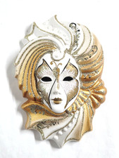 VTG Mardi Gras Plaster Butterfly Mask Gold White Glitter Wall Decoration 5.5"